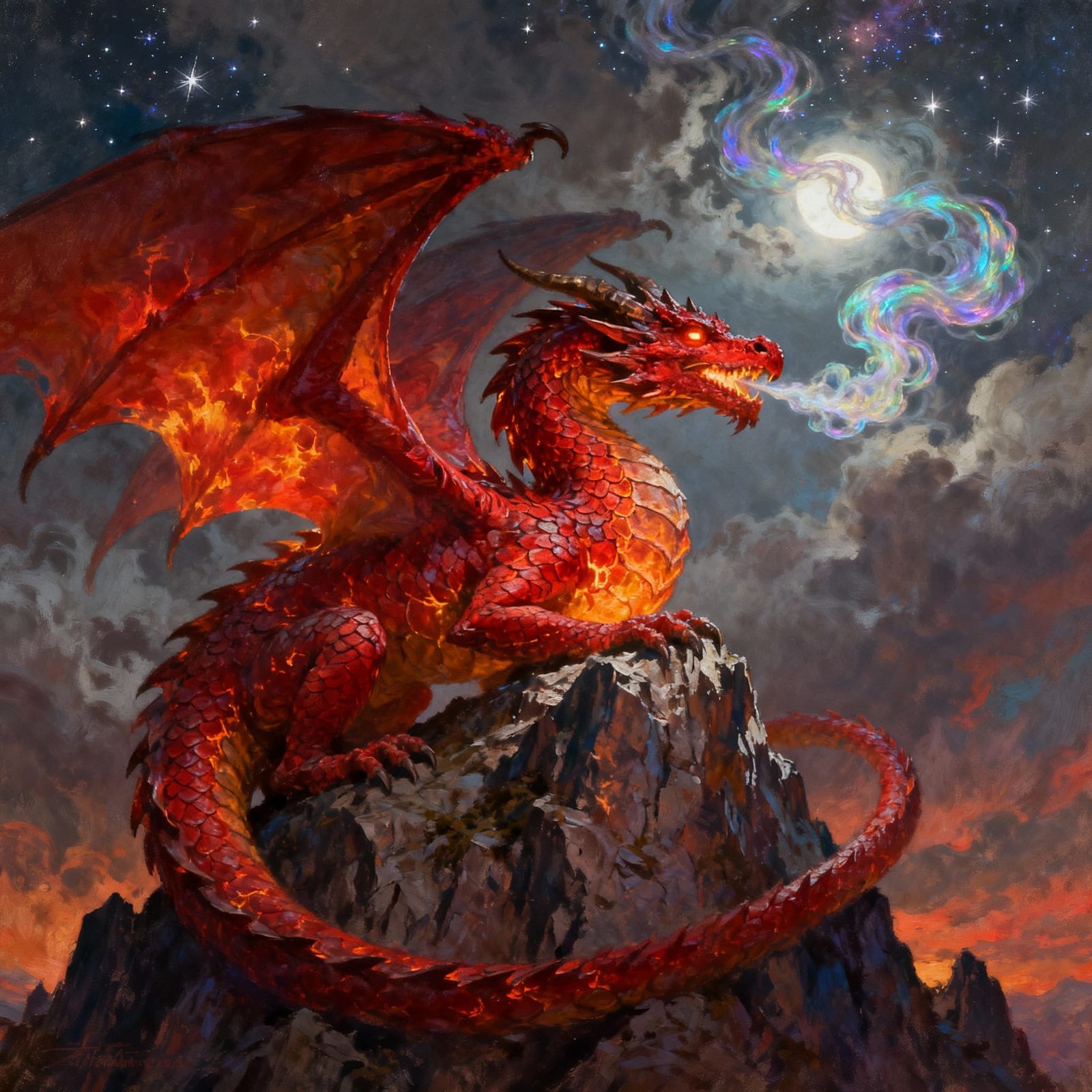Ancient Red Dragon on Mountain Peak in Epic Fantasy Style