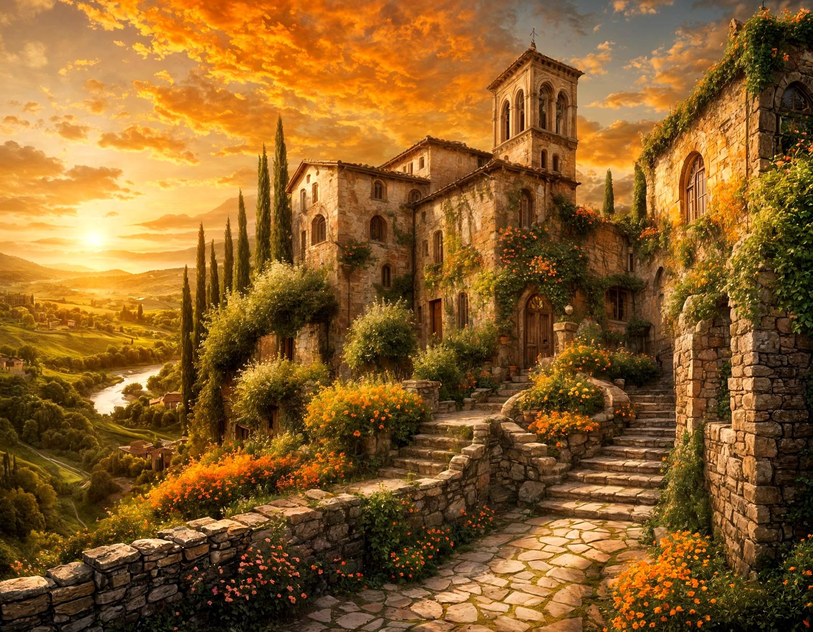 Tuscan Old Town at Sunset: Luis Royo Style