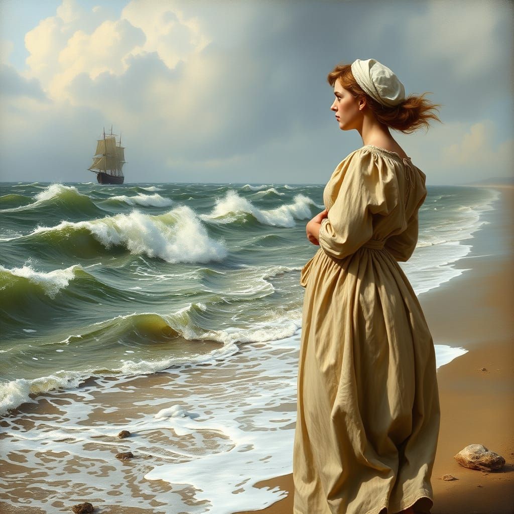 19th century painting of a dutch woman standing on the beach...
