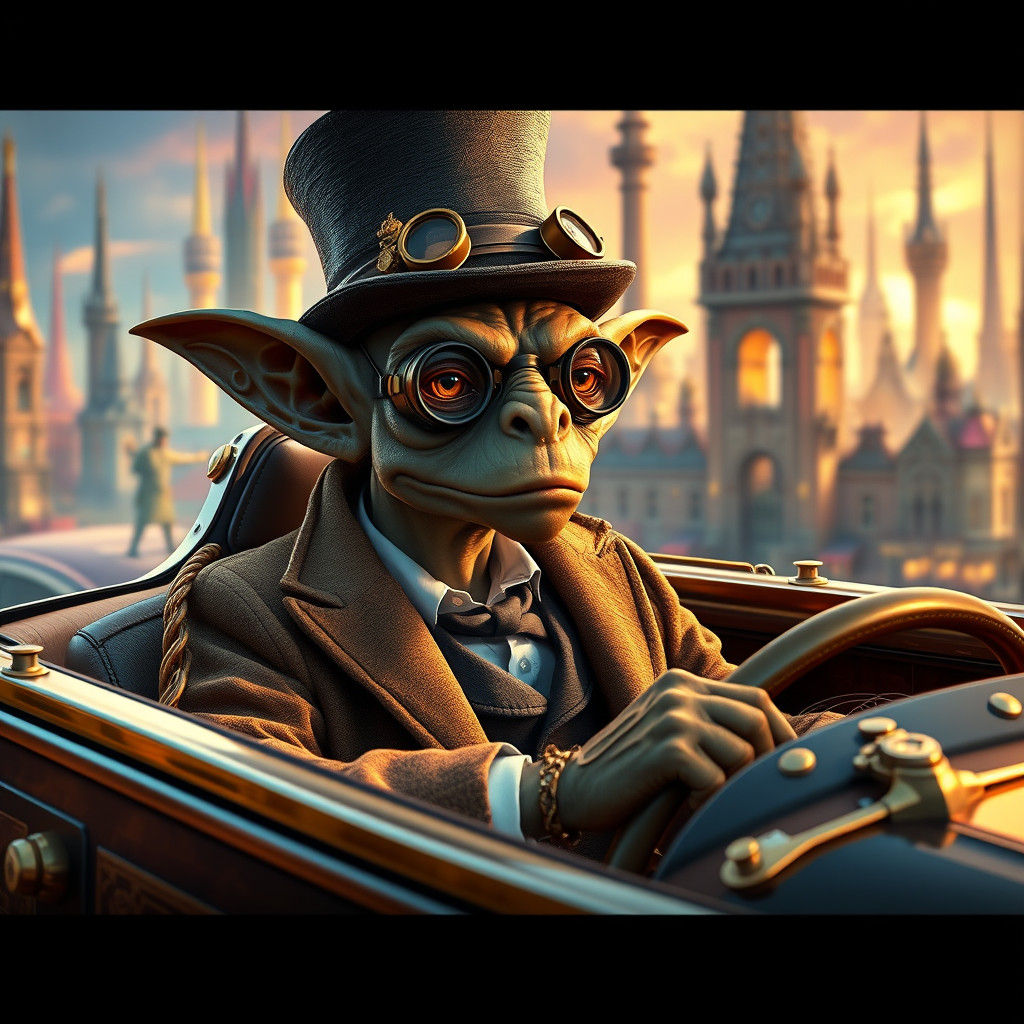 Steampunk Goblin Gentleman Awaits Assistant in Convertible C...