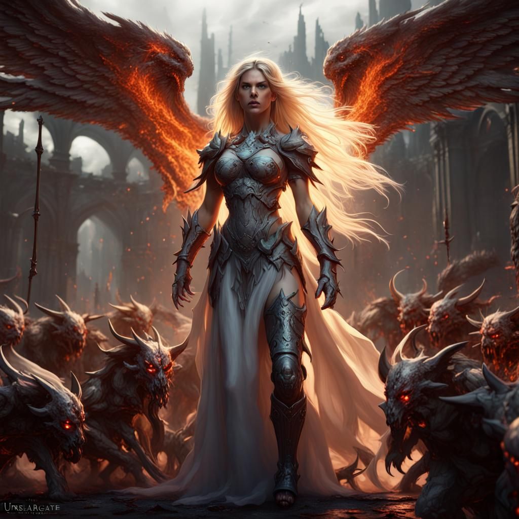 Archangel Auriel against many demons
