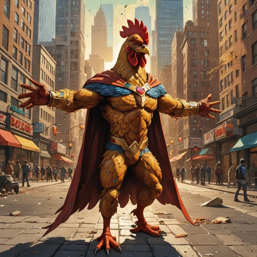 Heroic Super Chicken in Retro Comic Book Style
