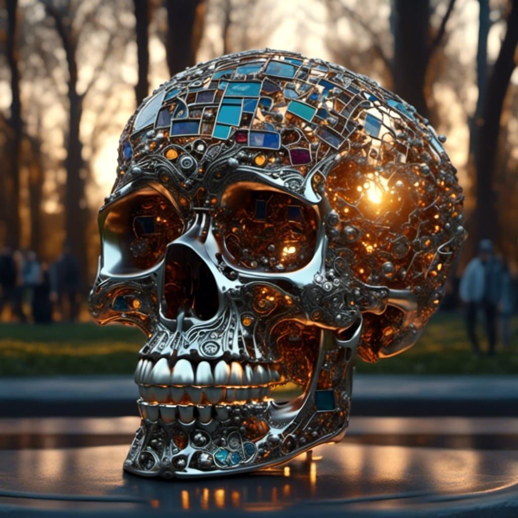 Stainless Steel Skull with Stained Glass Bones