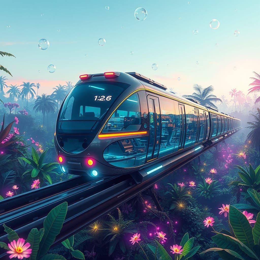 Futuristic Monorail Speeds Through Bioluminescent Jungle
