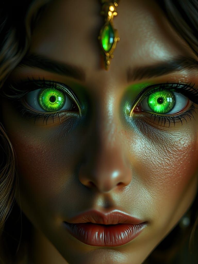 Divine Tiefling Aura Priestess with Glowing Green Eyes
