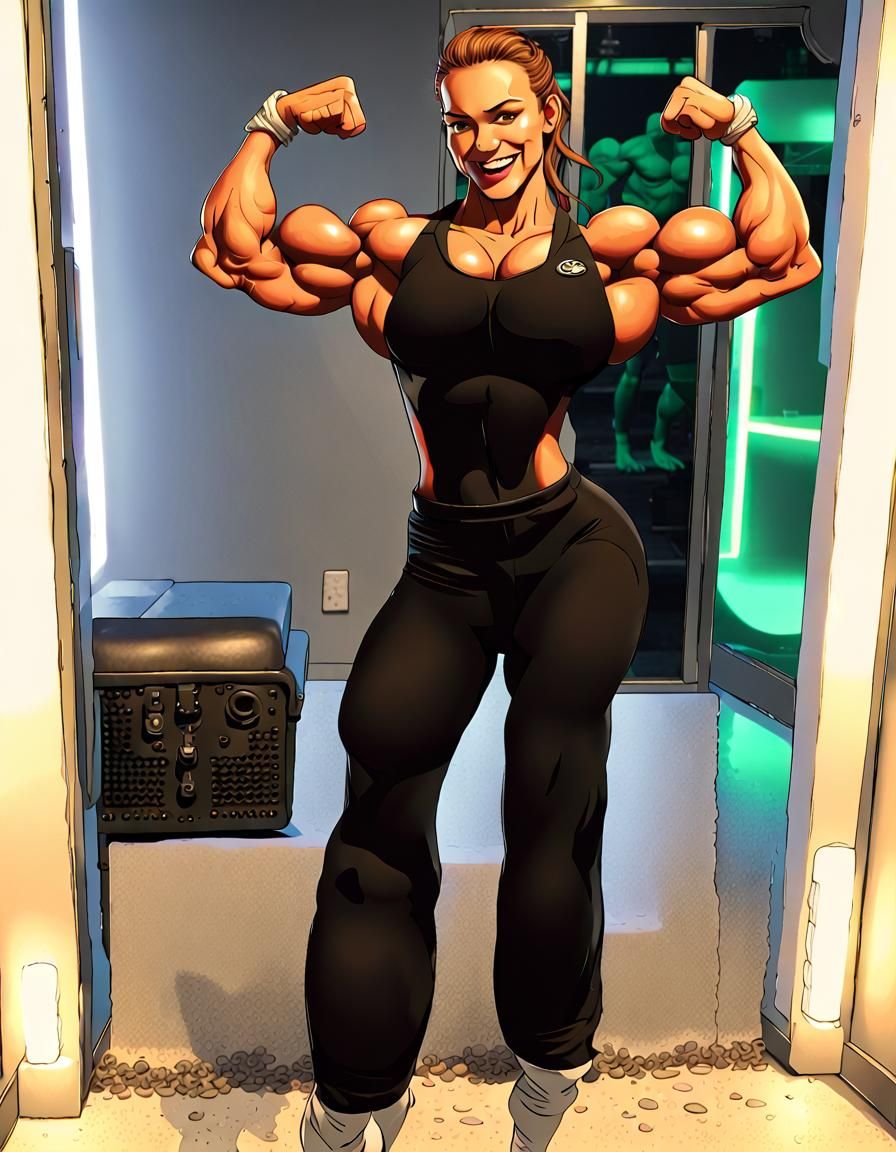 Muscular Woman Flexing Biceps at Nightclub