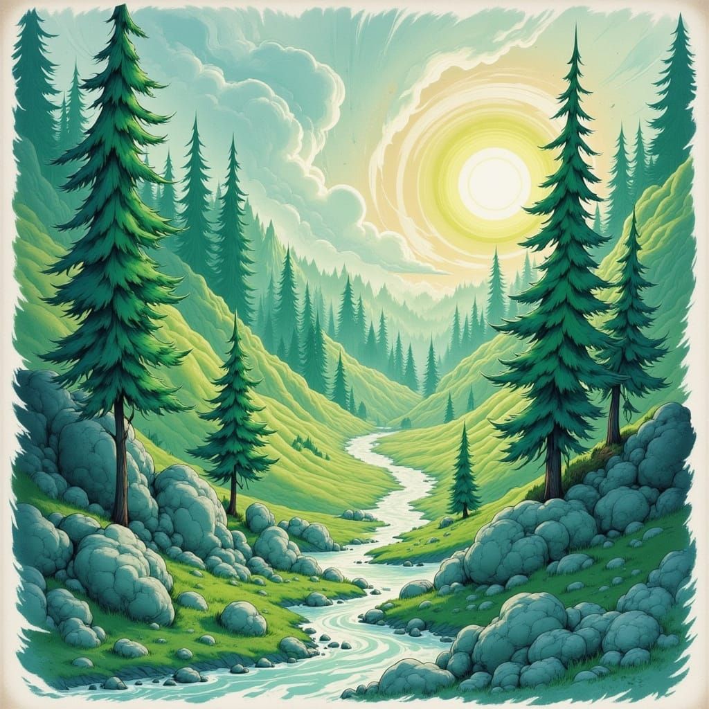 Vivid Forest Under Cosmic Sky in Alcohol-Ink Style