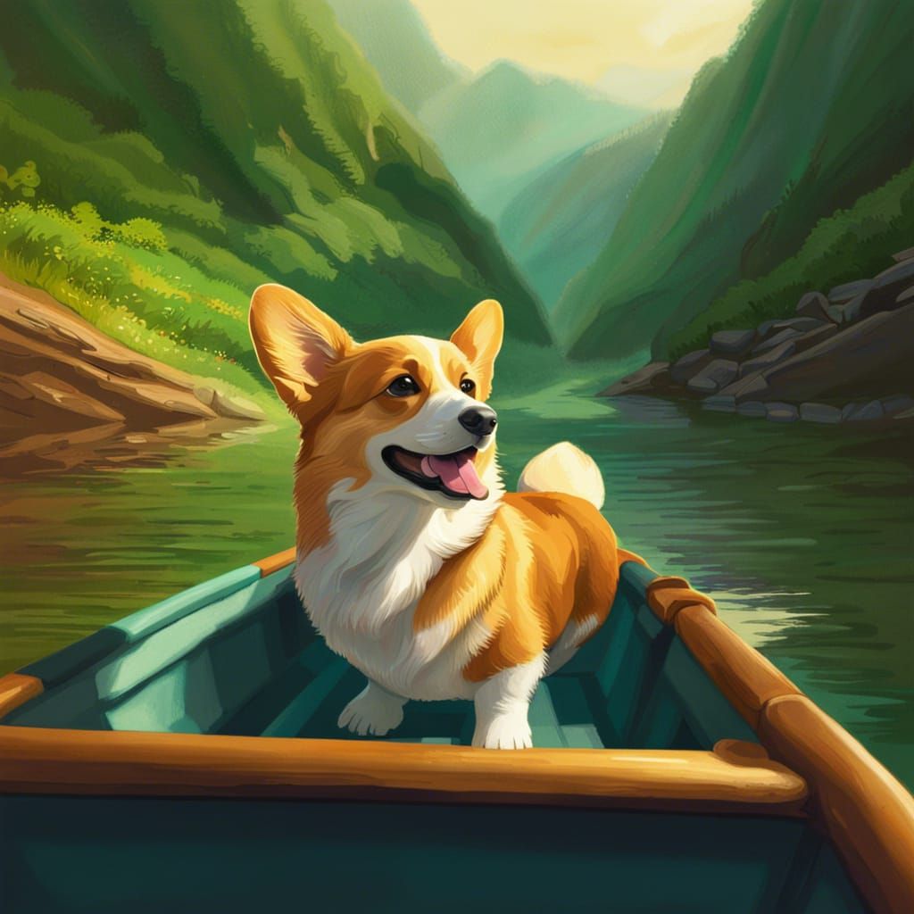 Corgi's Boat Ride Through Lush Valley