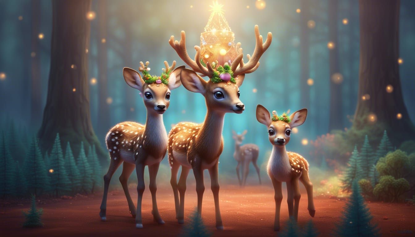 baby deers wearing crown christmas trees ethereal fantasy hyperdetailed mist Thomas Kinkade Pixar, Disney, concept art, ...