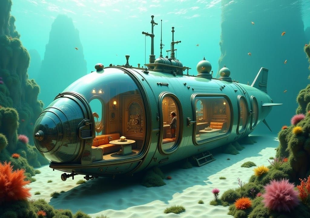 Transparent Steampunk Submarine on Ocean Floor