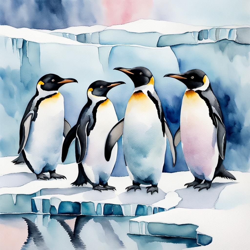 Penguins on Arctic Ice: Mosaic Watercolor Painting