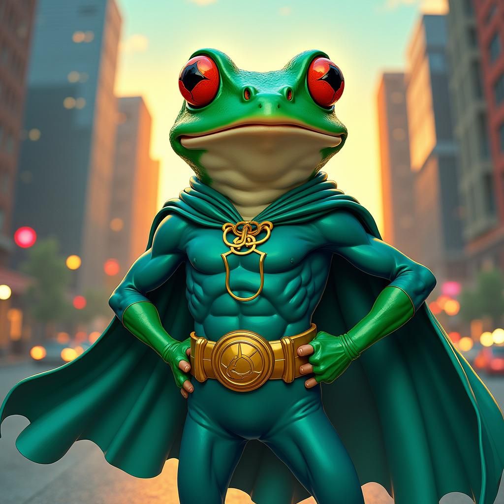 Heroic Frog in Cityscape, Illustrative Style