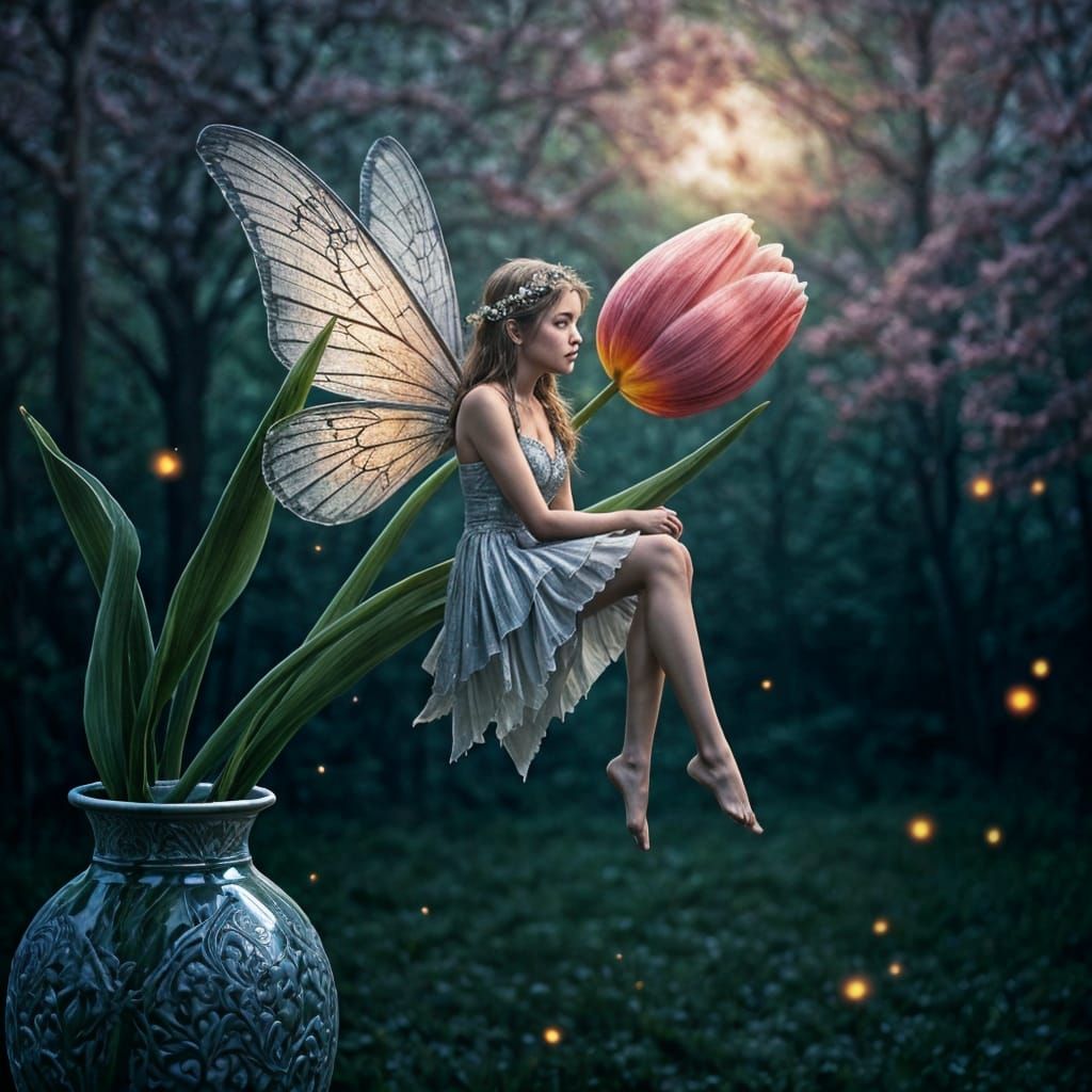 Freckled Fairy on Tulip Stem in Spring Forest