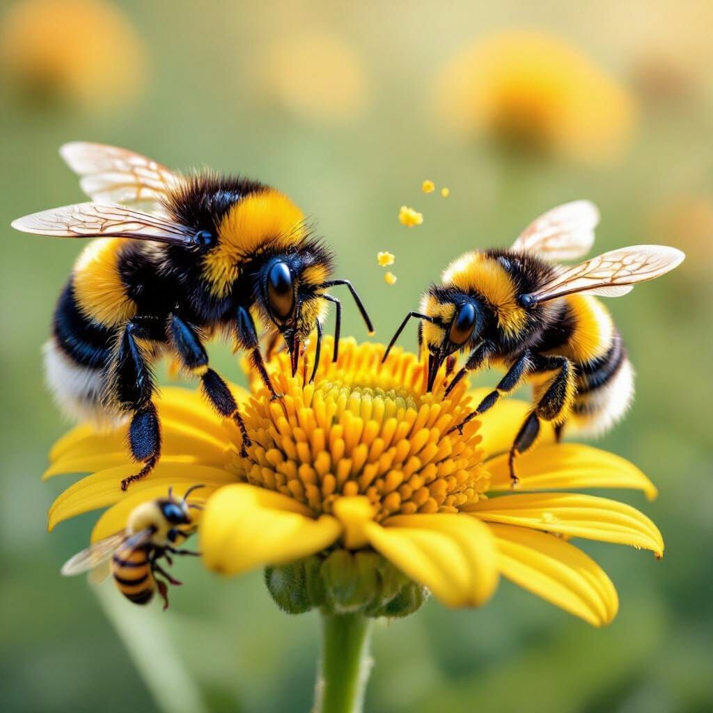 Three Bees Collecting Pollen and Nectar from a Flower