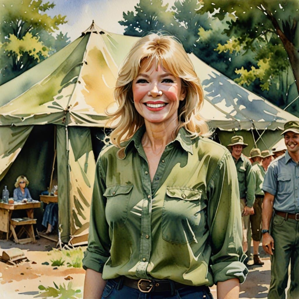 Watercolor Portrait of Smiling Woman in Army Tent
