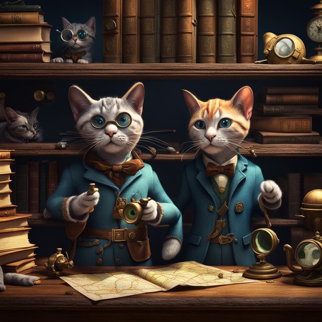 Cats Solve Mystery: Detailed Detective Scene
