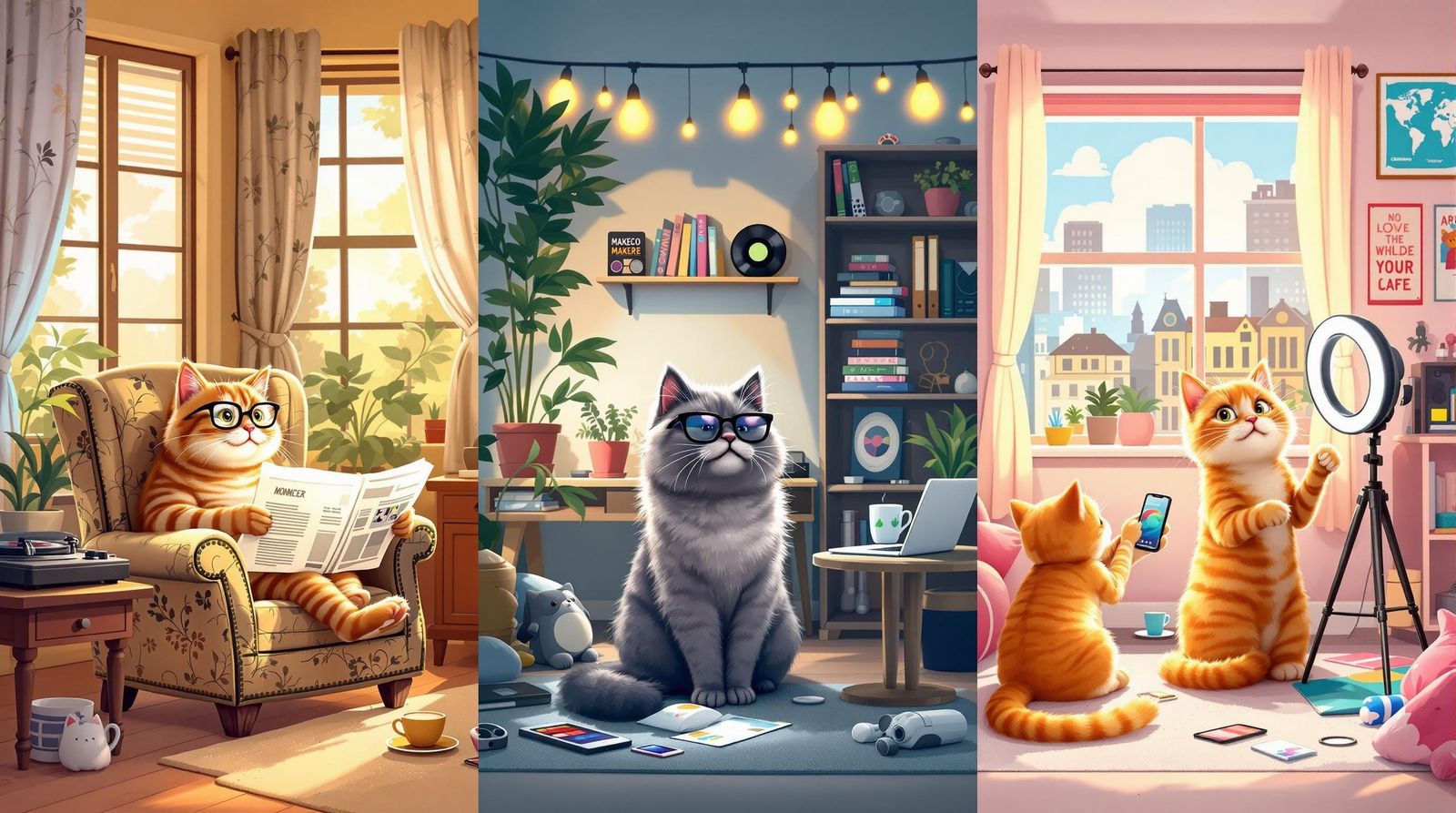 Cats of Different Generations in Detailed Illustration
