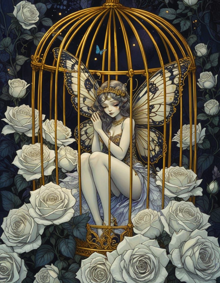 Butterfly Fairy in Golden Cage: Gothic Manga Illustration
