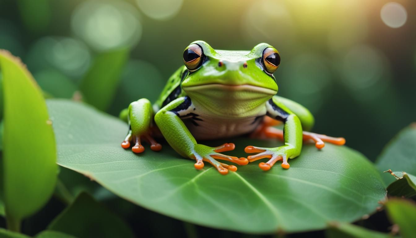 Neon Green Frog on Sea Rose Leaf in 4K