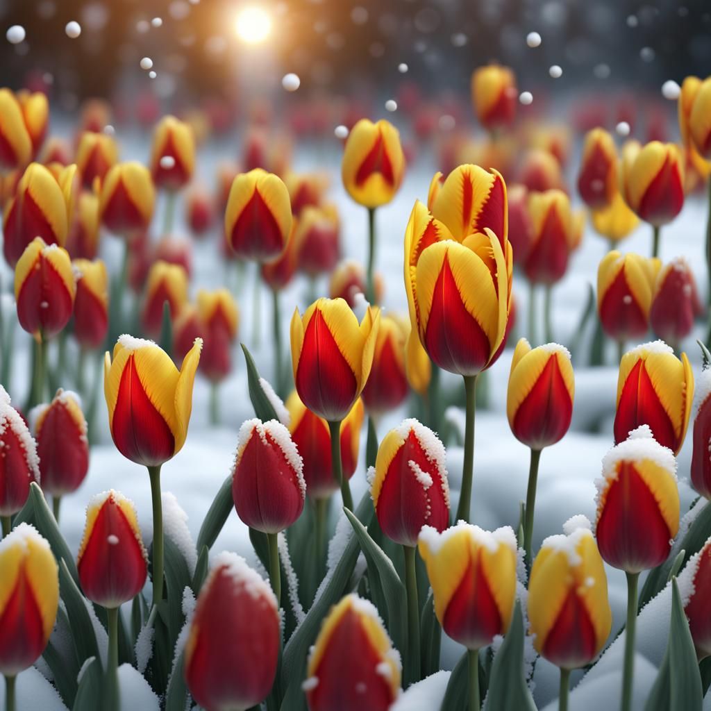 Vivid Tulips Under Snow: Macro 8K Image