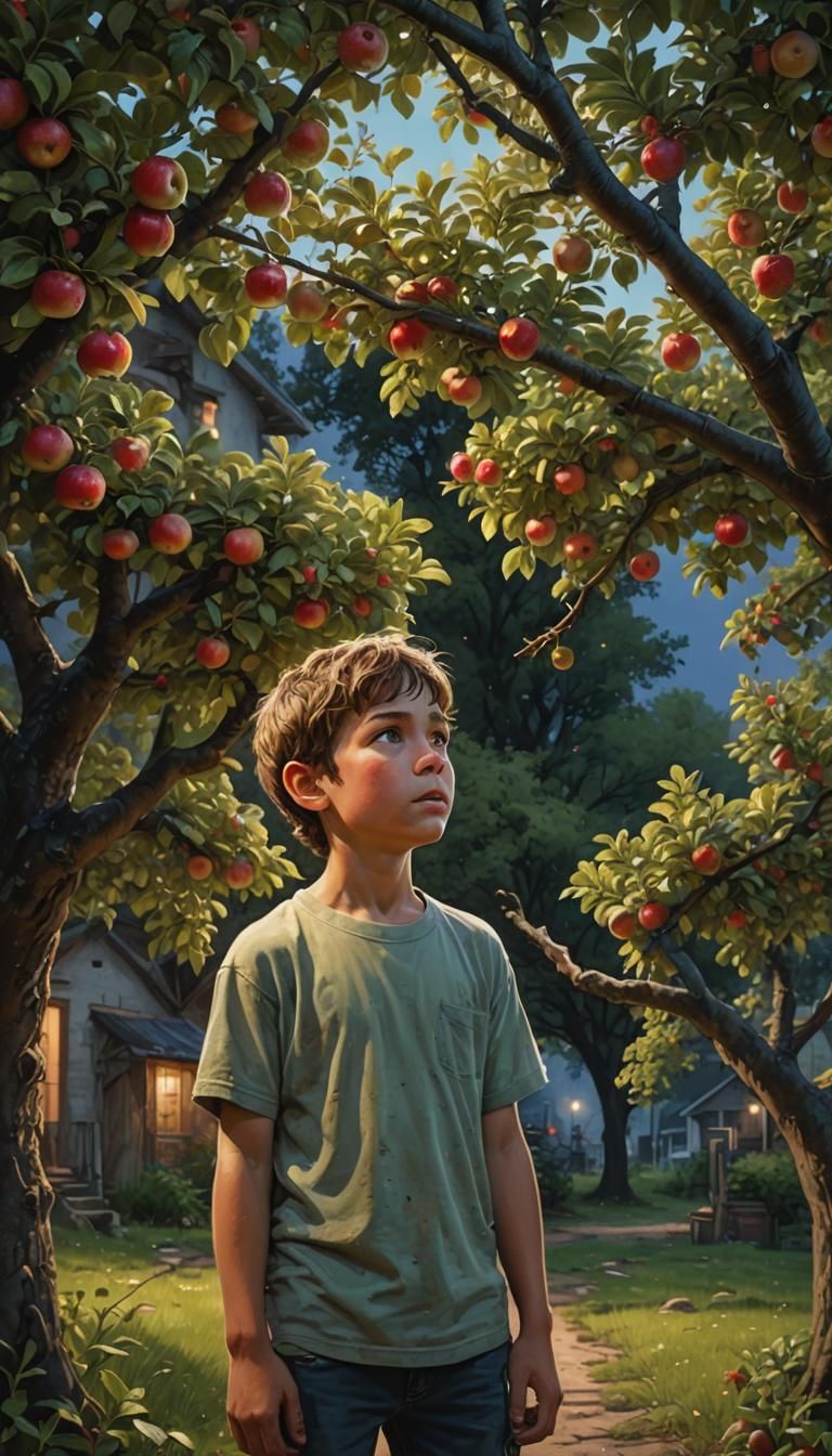 Boy Under Apple Tree at Night: Hyperrealistic Art