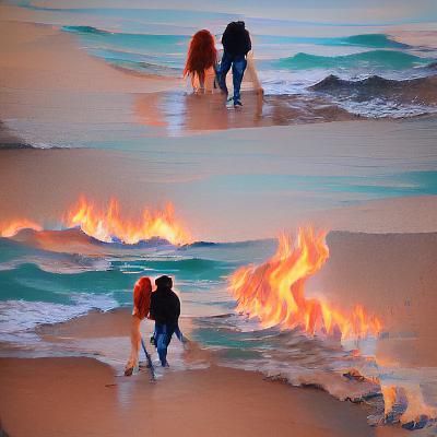 Infernal Beach: Lovers Stroll Through Burning Sea