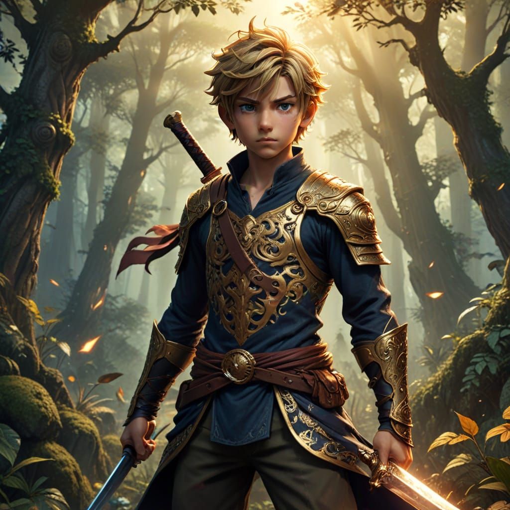 Young Warrior Stands Amidst Whirling Leaves in a Dark Fantas...