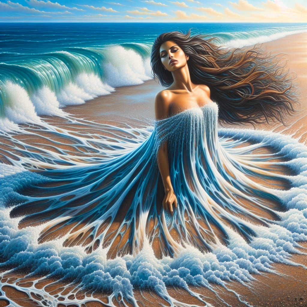 Hispanic Woman Emerges from Synthetic Sea