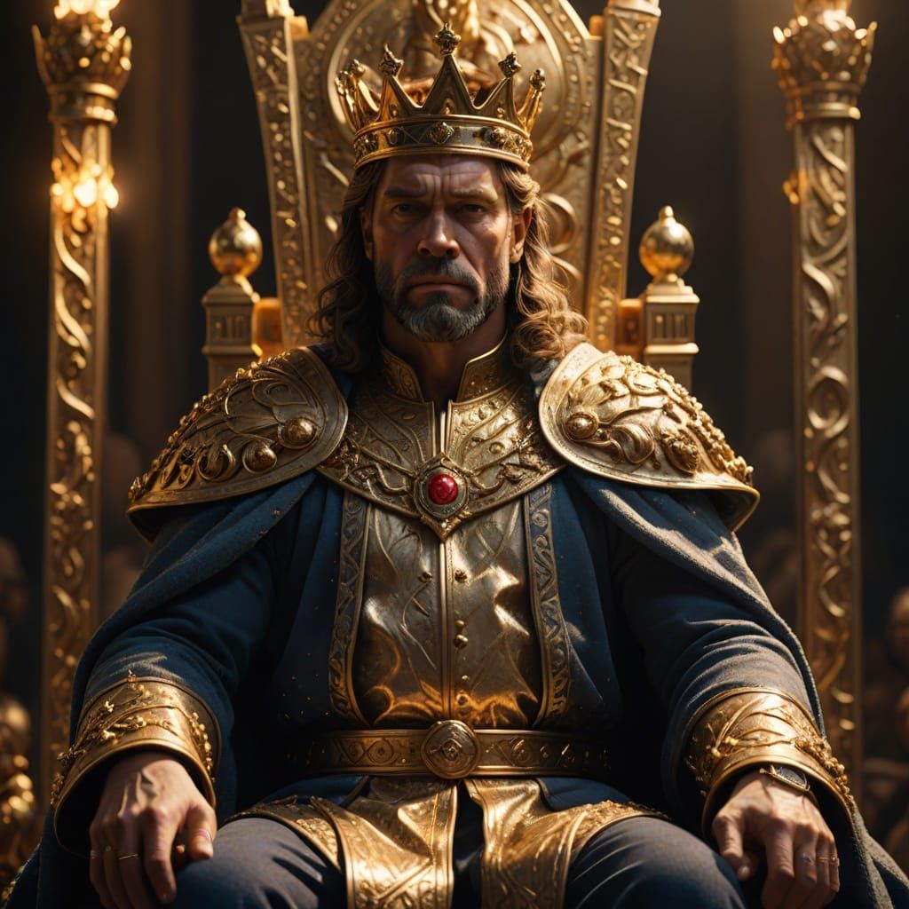 Powerful King on Golden Crown Throne, Cinematic Lighting