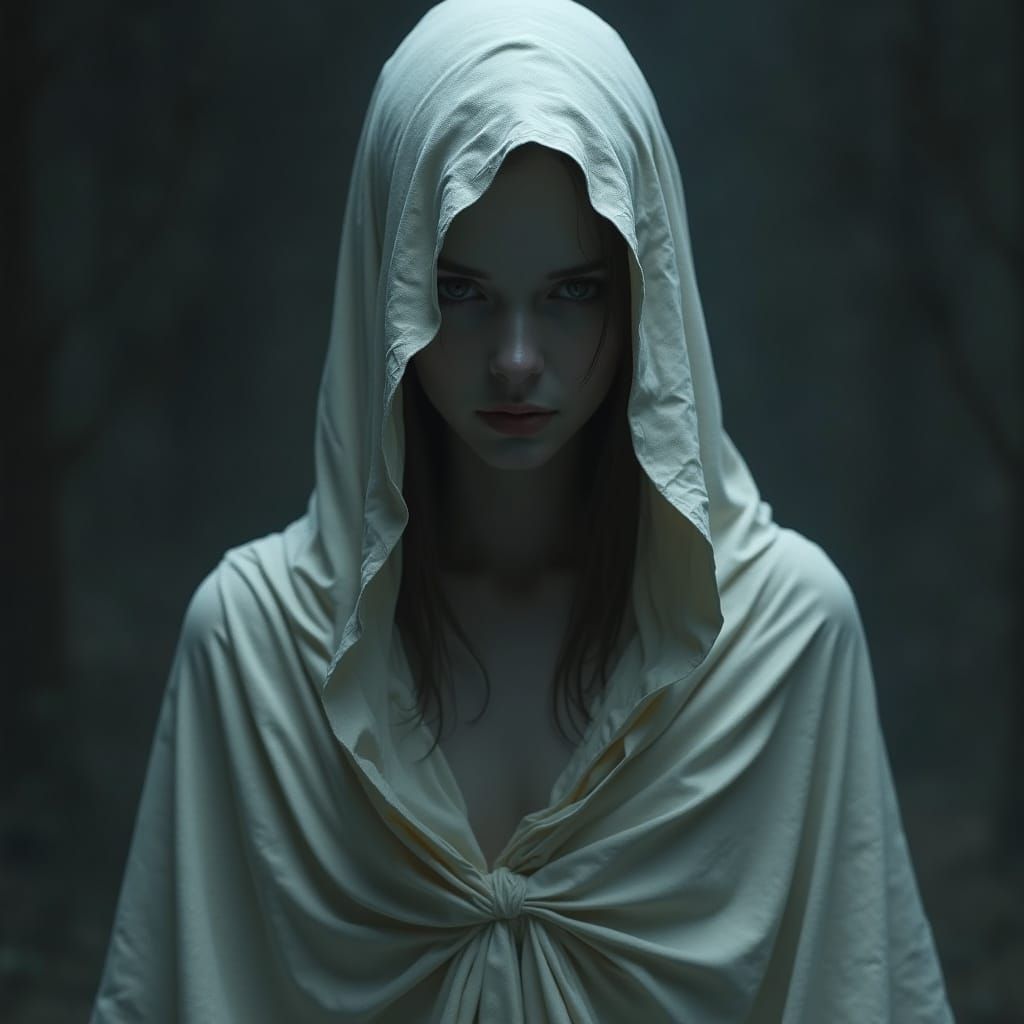 Mystical Woman in White Cloak, Dramatic Lighting