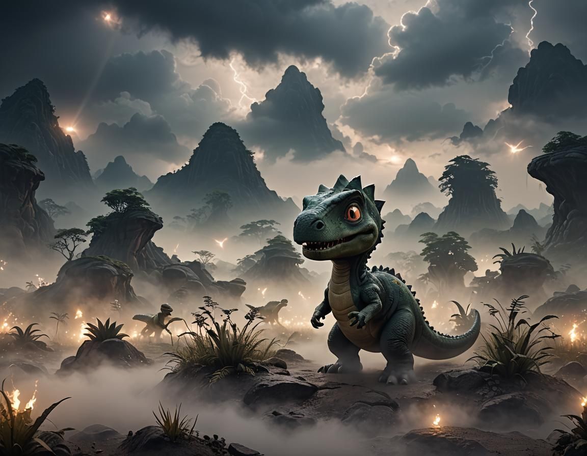 Chibi Dinosaur in a Mysterious Prehistoric Landscape