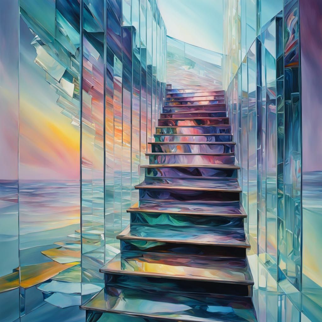Glass Stairway Ascending: A Surreal Oil Painting