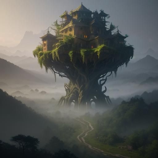 Mystical Structure at Foot of Fantastical Mountains