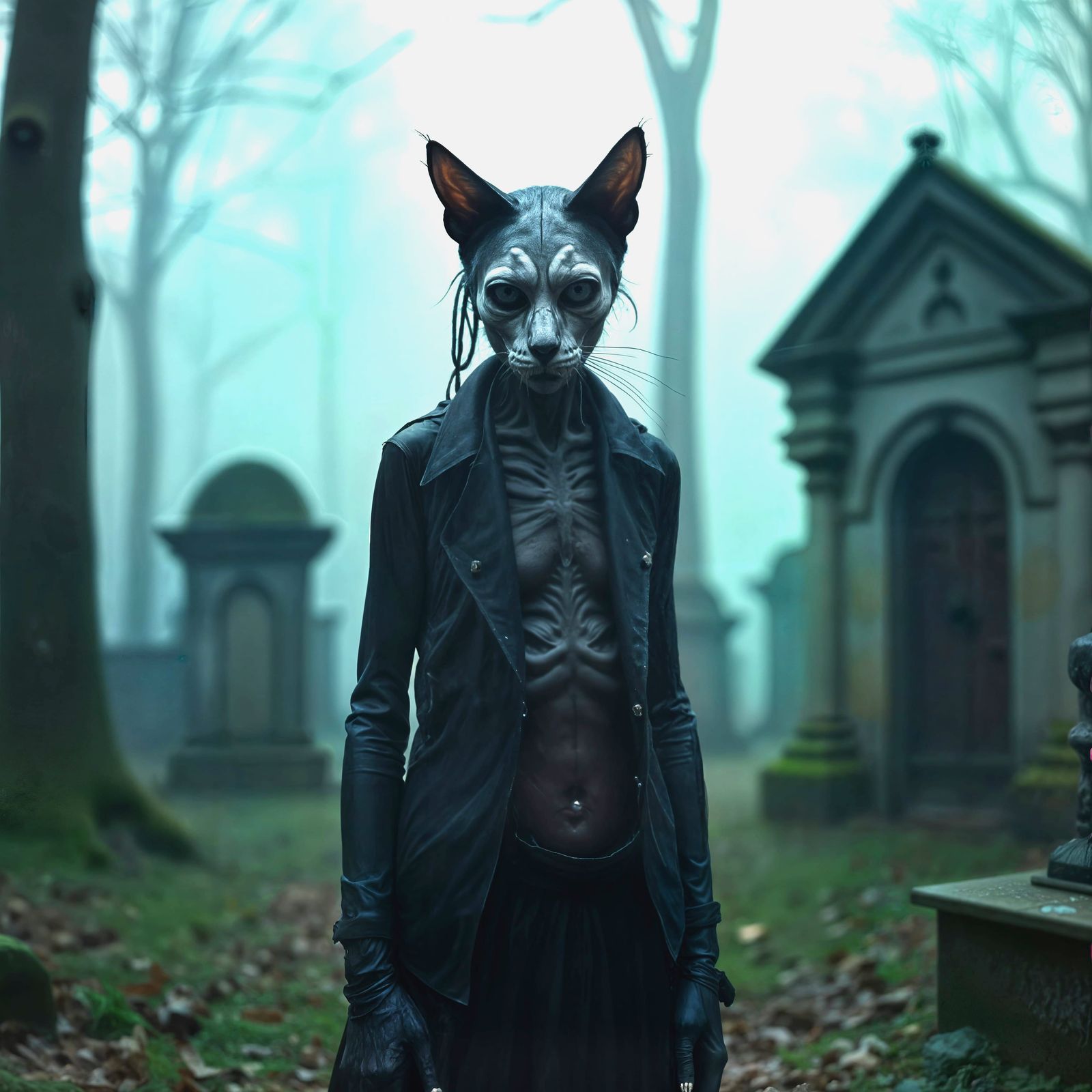 Ethereal Black Cat Ghost in Ancient Graveyard