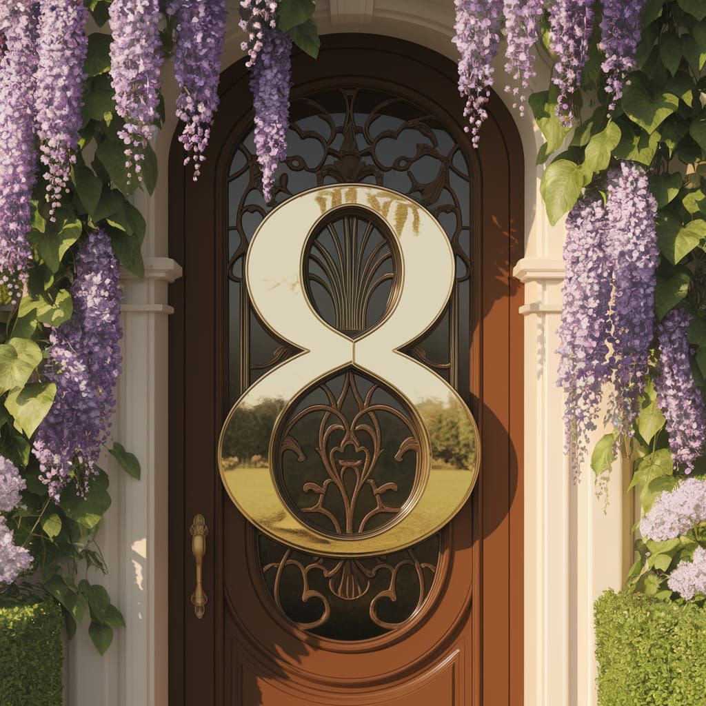 The number "8" in gold laiton, on a beautiful art nouveau fr...