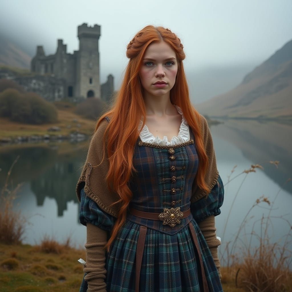 Scottish Woman by Misty Loch, Evoking Highland Landscapes