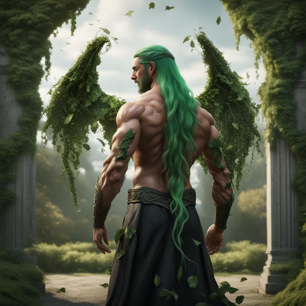 Winged Man with Green Hair in Hyperrealistic Style