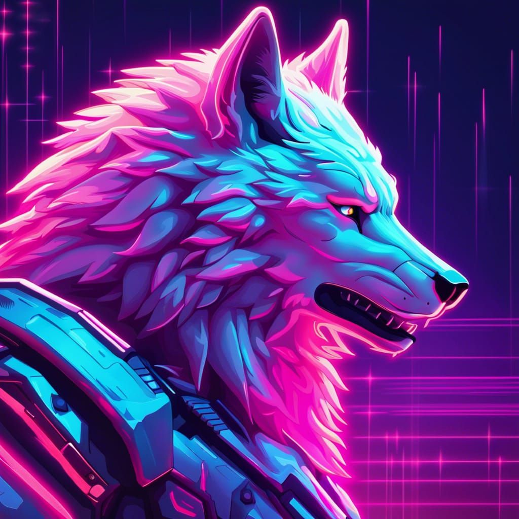 Armored White Wolf in Synthwave Neon Retro Style