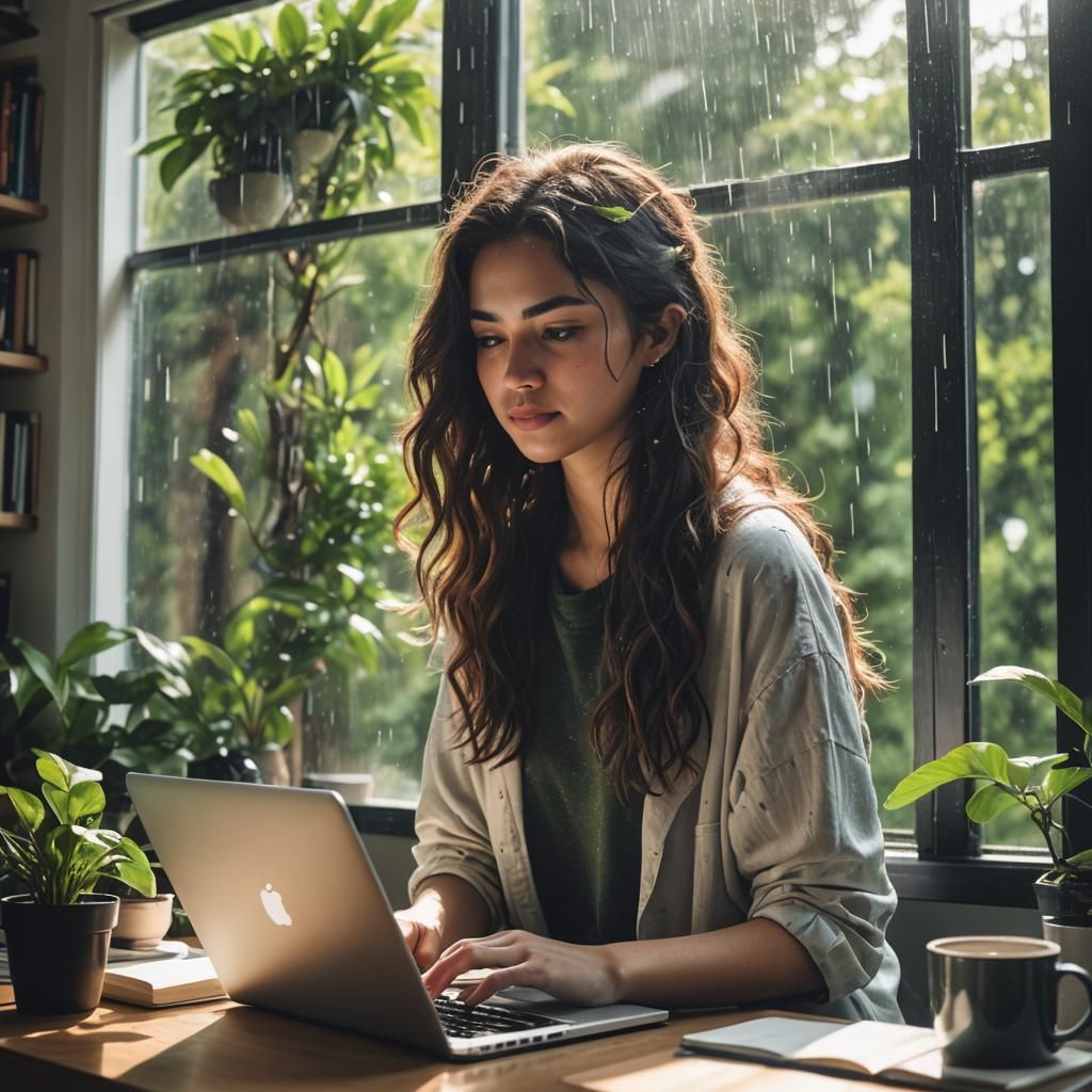 Woman Coding with Laptop in Rainy Room