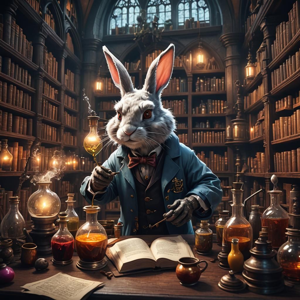 Mad Scientist Rabbit Brews Potions in Gothic Library