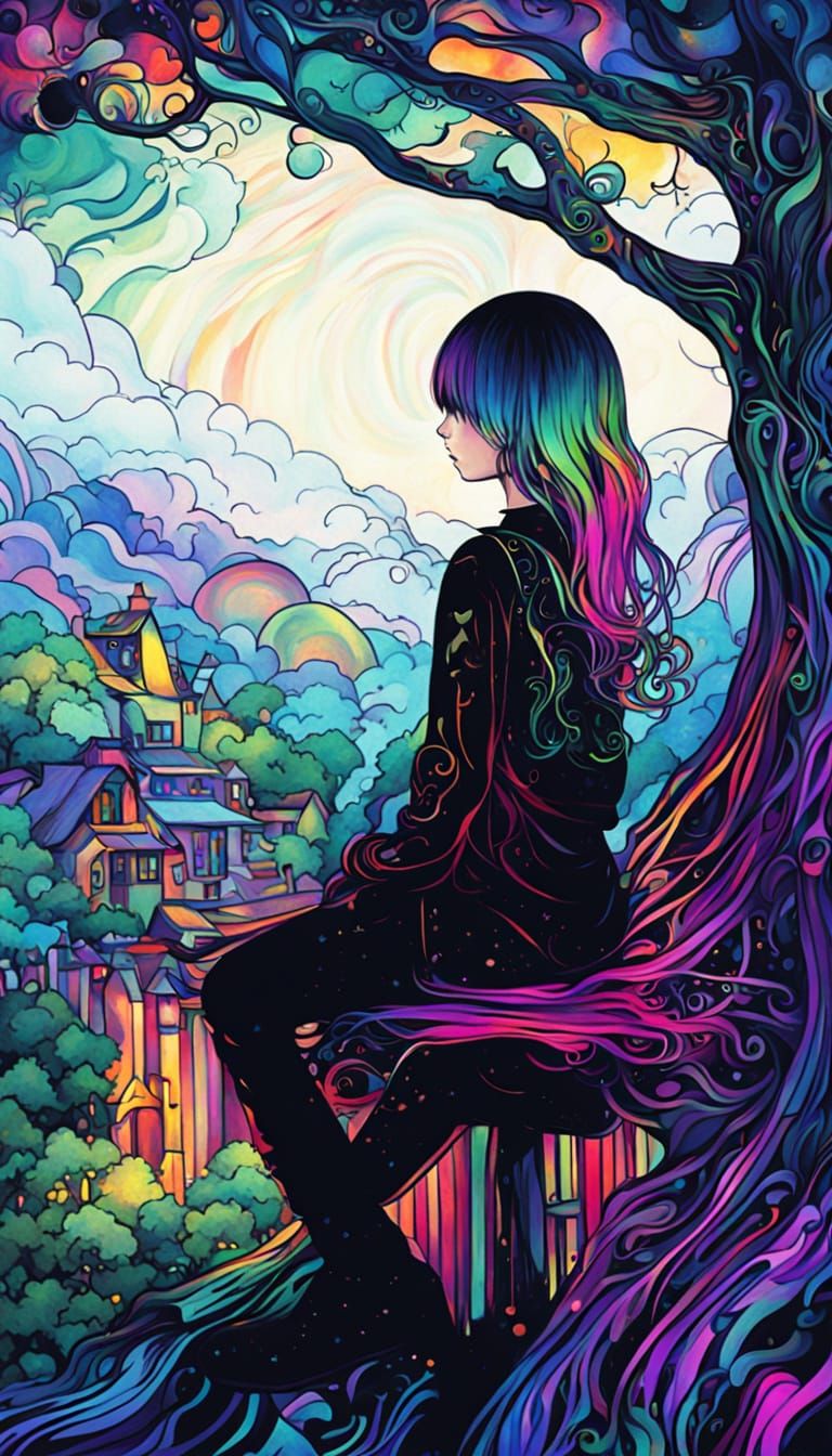 A Kawaii  goth with rainbow-streaked hair, adorned in black leather and delicate lace, gazes forlornly from a treehouse ...