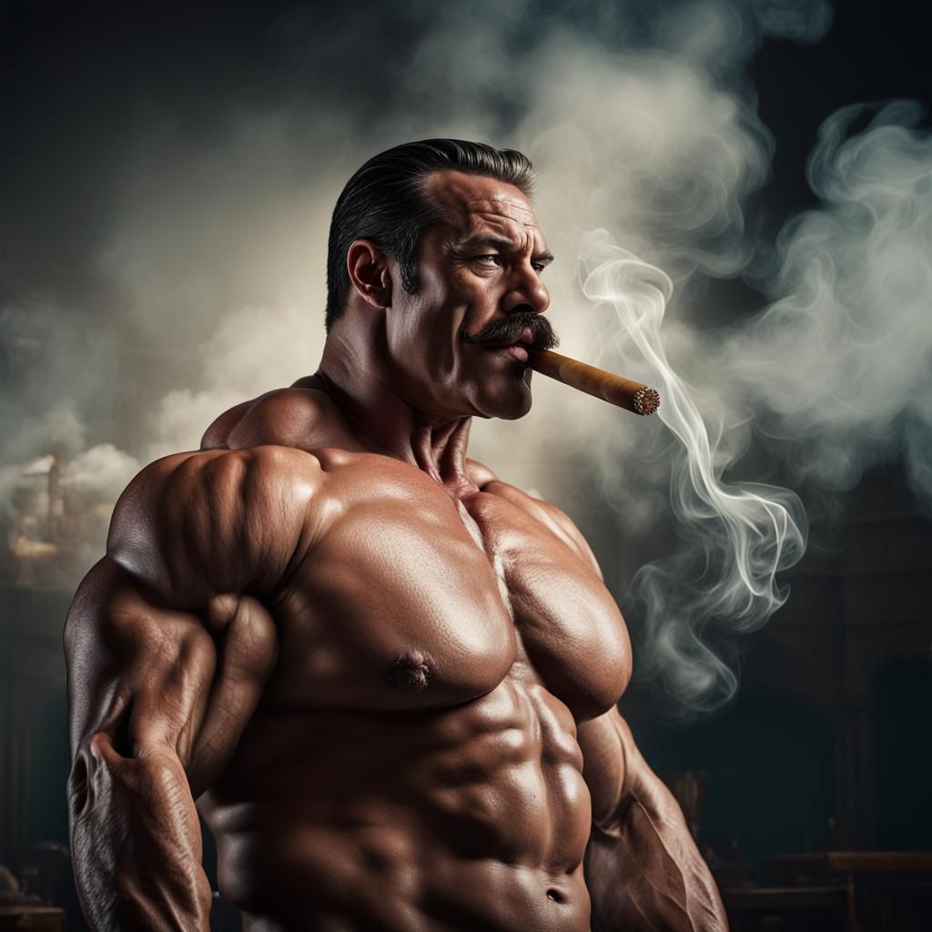 Confident Bodybuilder Smokes Cigar: Hyperrealistic Digital A...