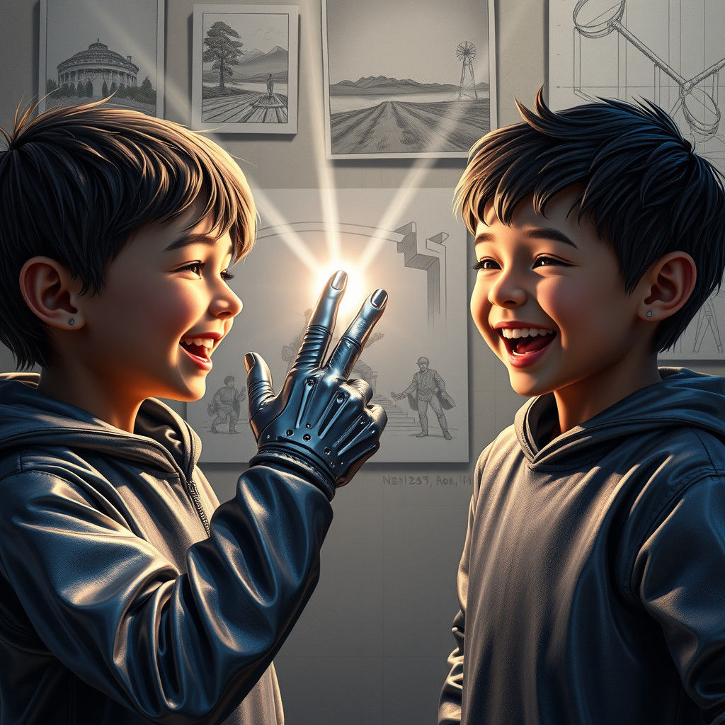 Giggling Boys Connect with Light Beams, Detailed Matte Paint...