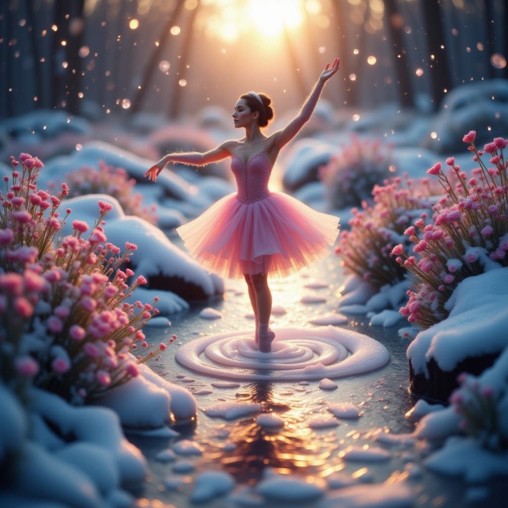 Ballerina Dances on Icy Stream in Snowy Landscape