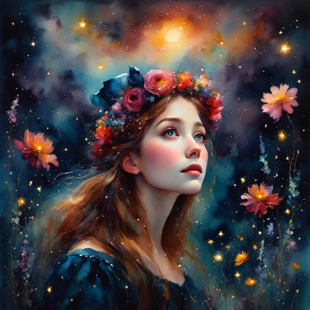 Dreamy Alice in Wonderland Dark Watercolor Portrait