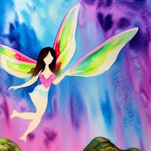 Fairy Girl Flying Over Magical Watercolor Landscape