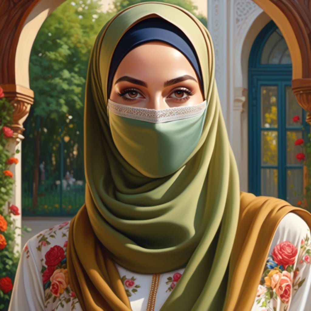 European Woman in Hijab, Detailed Oil Painting