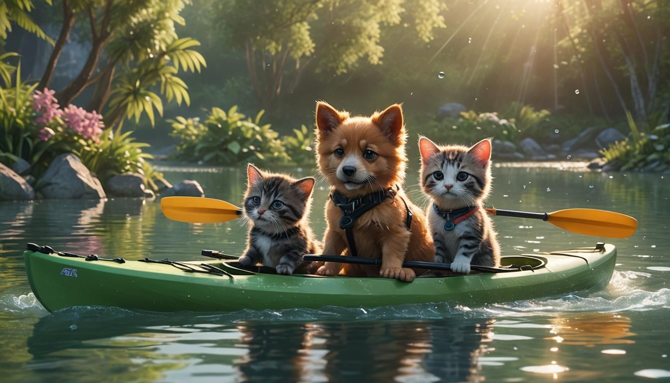 Puppies and Kittens Kayaking: Pixar-Inspired 3D Digital Art