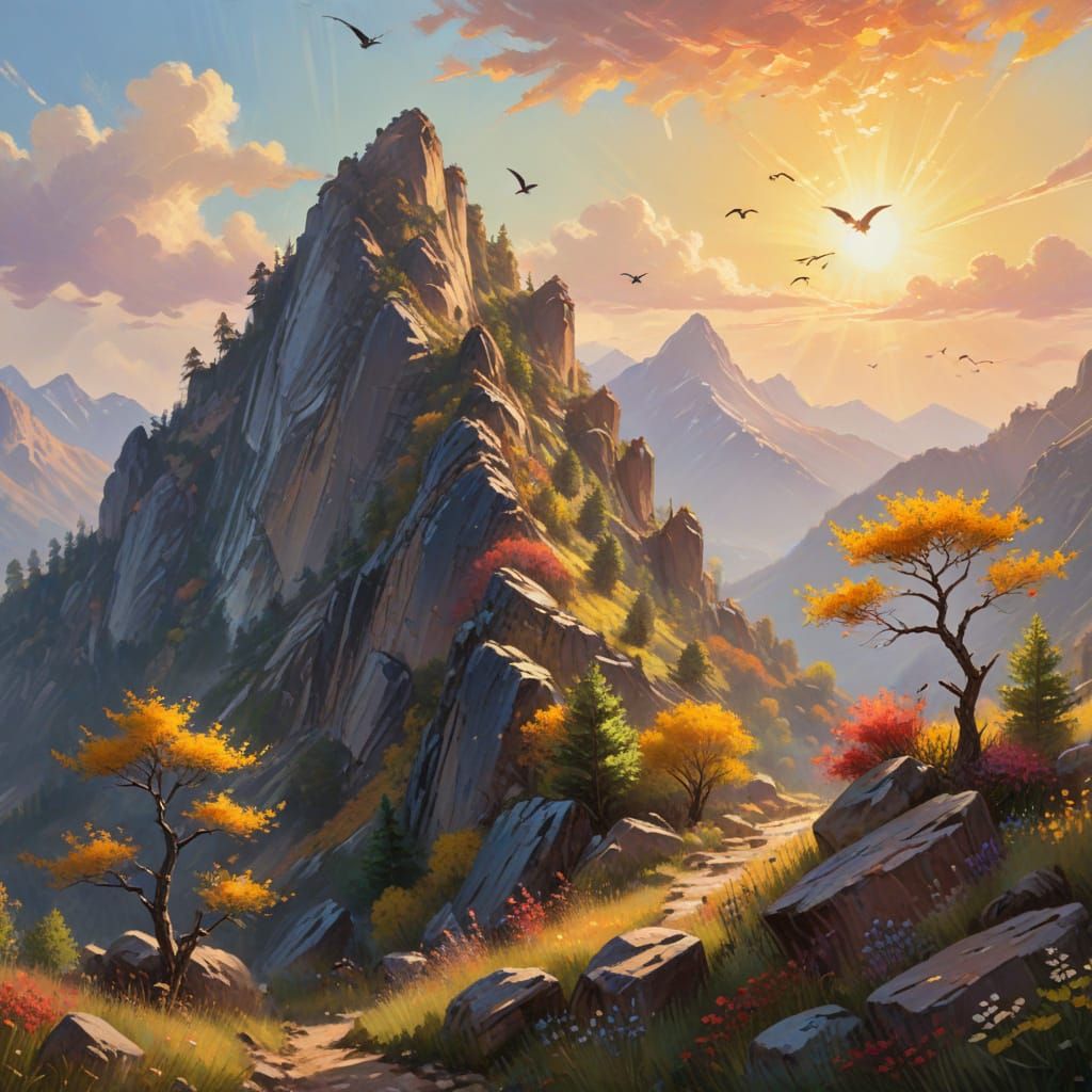 Impressionist Rocky Mountain Landscape with Vibrant Trees