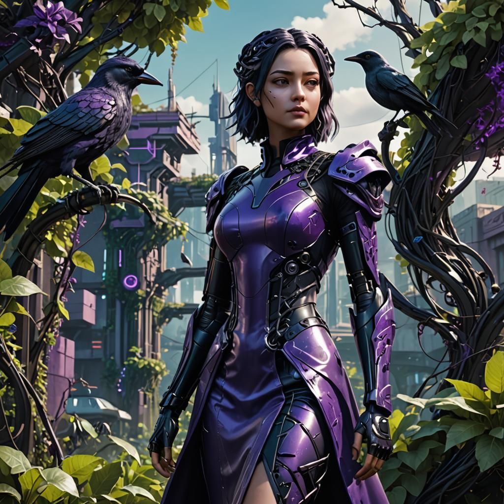 Cyberpunk Woman with Bird in Urban Fantasy Setting